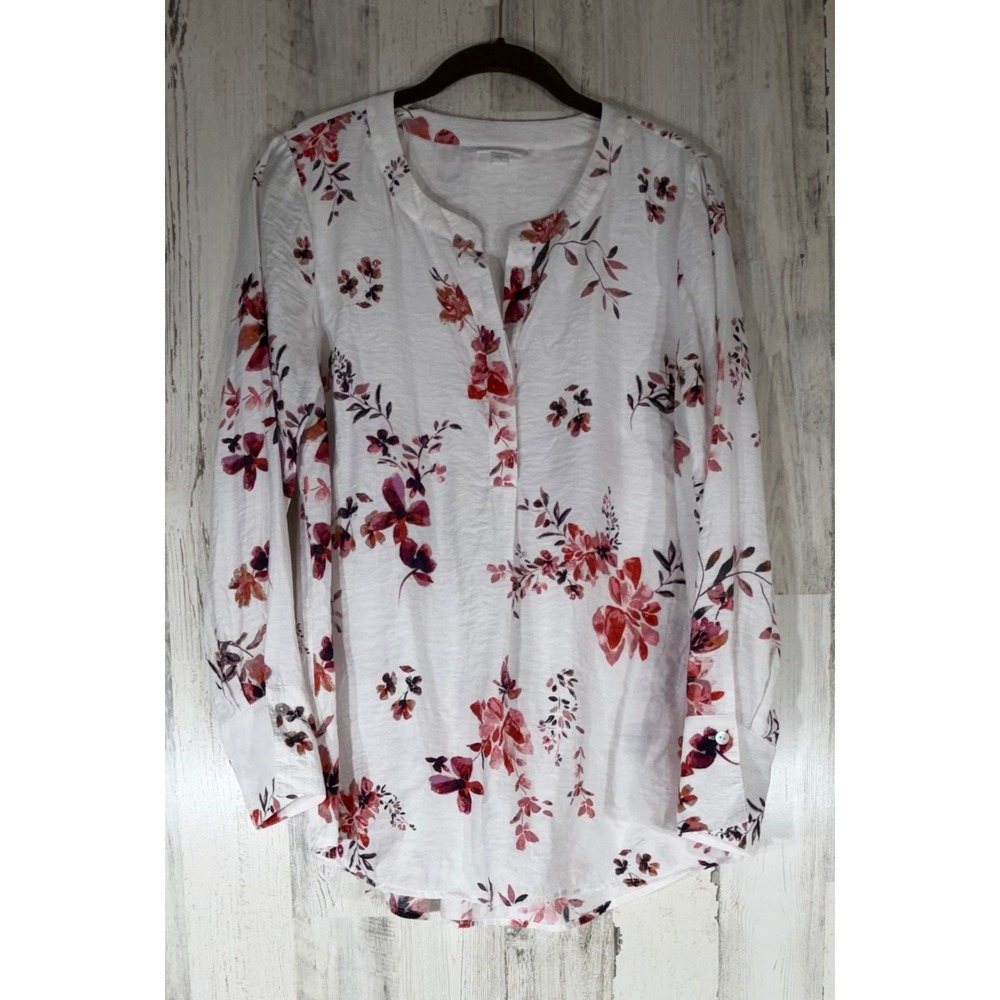 J Jill Split Neck Blouse Small White Red Floral Crinkle Cottage Boho Feminine